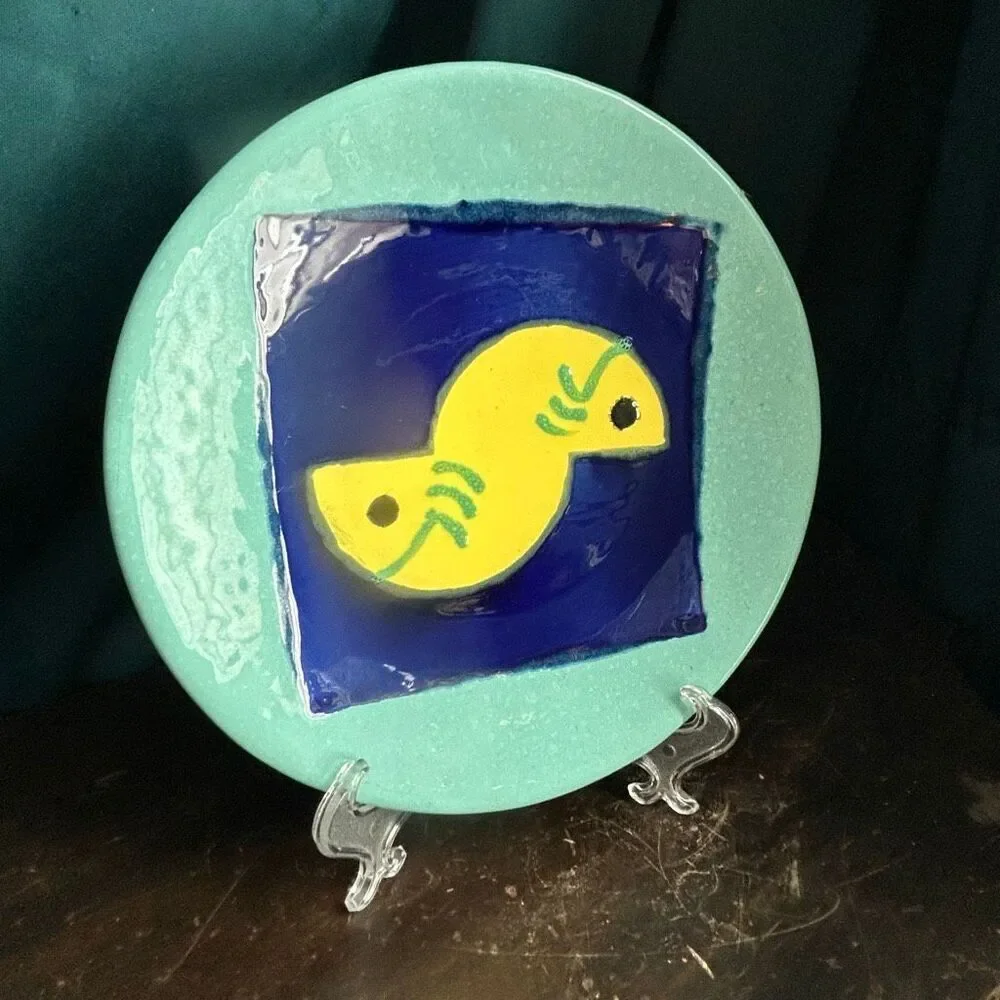 Studio Pottery Plate Stylized Yin Yang Fish